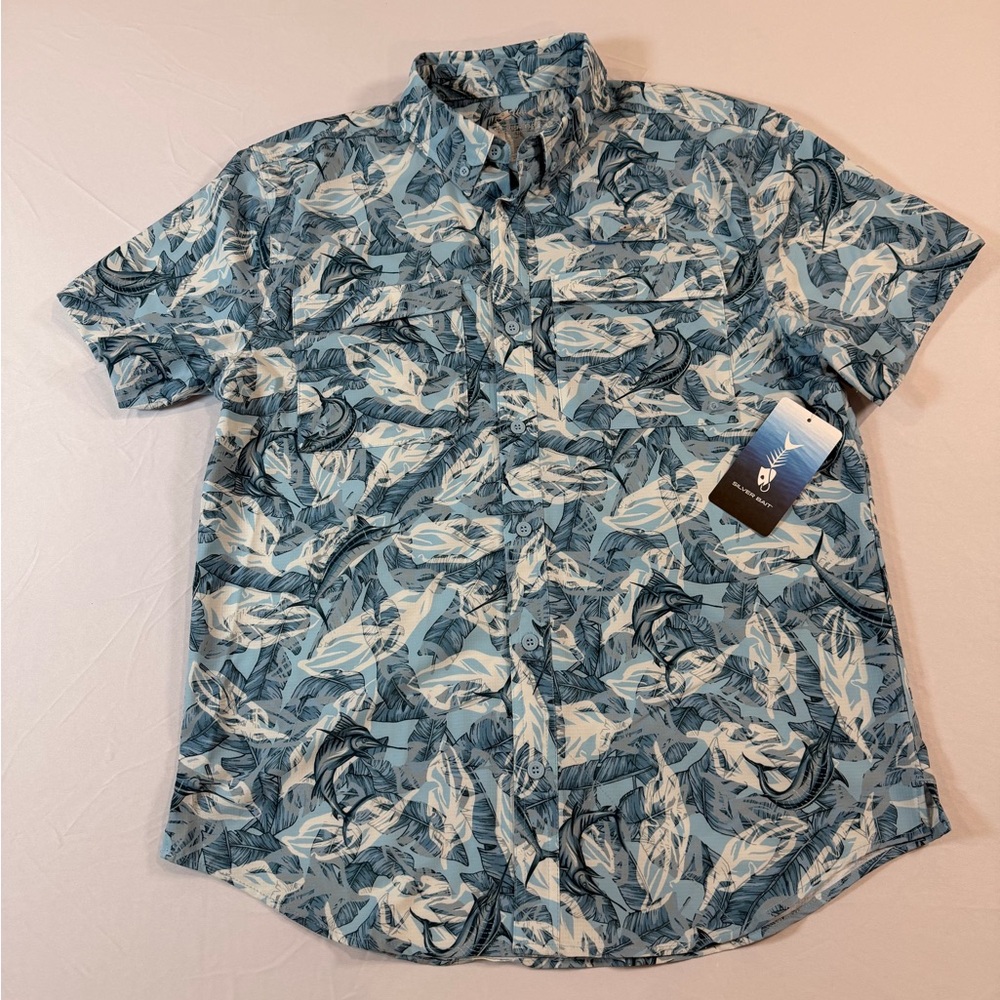 Silver Bait Fishing Shirt Mens Medium Blue Marlin Tropical NWT Performance Short